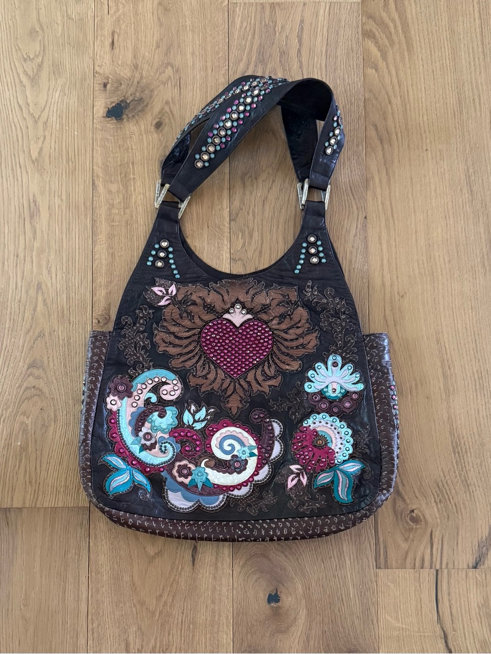 Embellished Heart & Paisley Appliqué Shoulder Bag - Brown with Turquoise & Pink